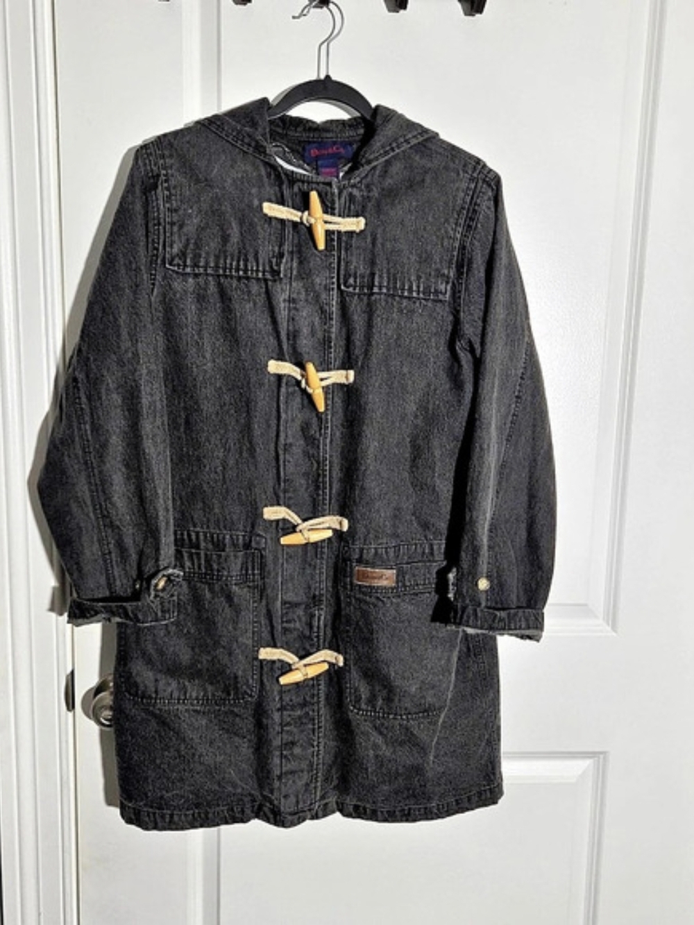 Denim & Co. Denim Duffle Coat. Black Hooded Utility Jacket Medium